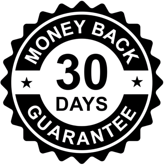 A black and white circular badge graphic with the text 'MONEY BACK 30 DAYS GUARANTEE' and two small stars, shown on a plain white background.